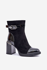 Naverelle Twinstrap Suede Heel Boots with eco leather, almond toes, sculpted heel, and decorative accents. Ideal for cooler seasons.