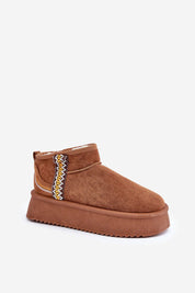Azmira Aztec Platform Snow Boots in brown eco suede, ankle-high with Aztec pattern, plush fur lining, and 4 cm platform for warmth.