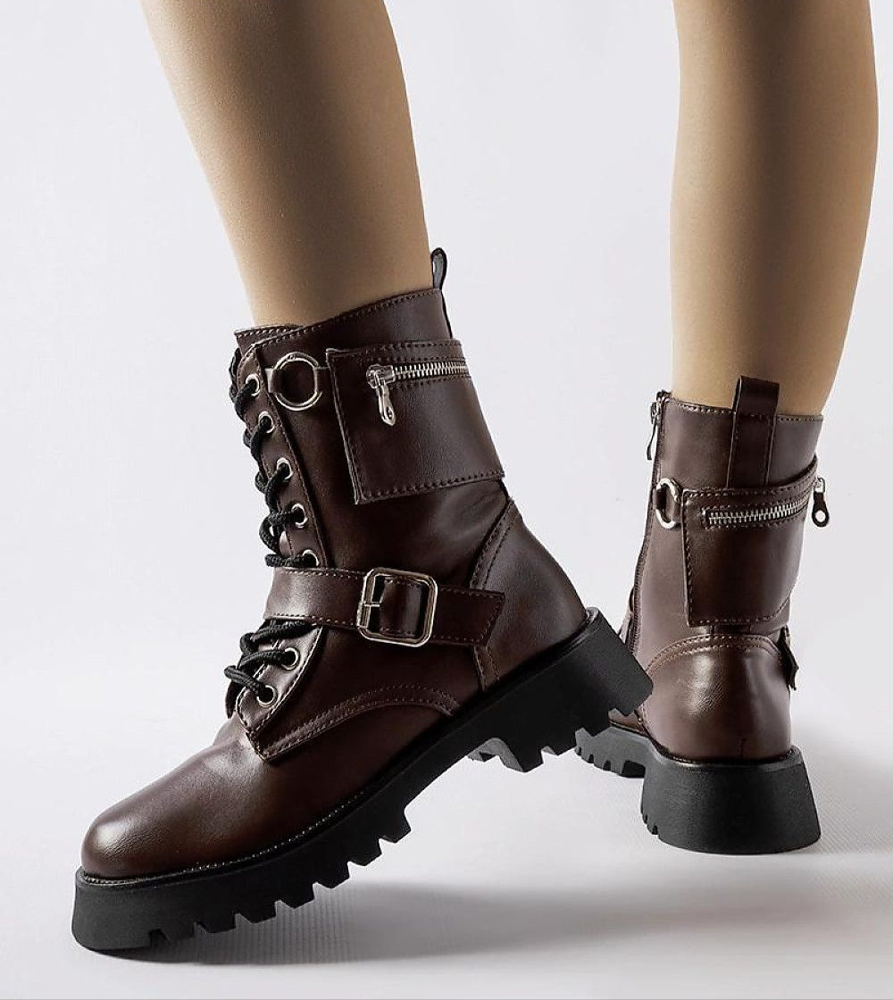 Brown ankle boots with eco leather, insulated lining, and removable pouch on black rubber sole, perfect for style and functionality.
