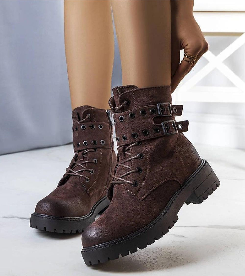 Ardevra insulated ankle boots with strap detail, suede texture, and treaded sole for warmth and grip, ideal for autumn and winter.
