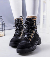 Stylish Maelira insulated lace-up boots with gold-tone details, eco leather and suede-like textures, perfect for cold weather comfort.