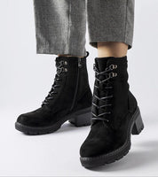 Clementina Block-Heel Winter Boots with laces and zipper, ankle-length, rounded toe, eco leather, rubber sole for comfort and elegance.