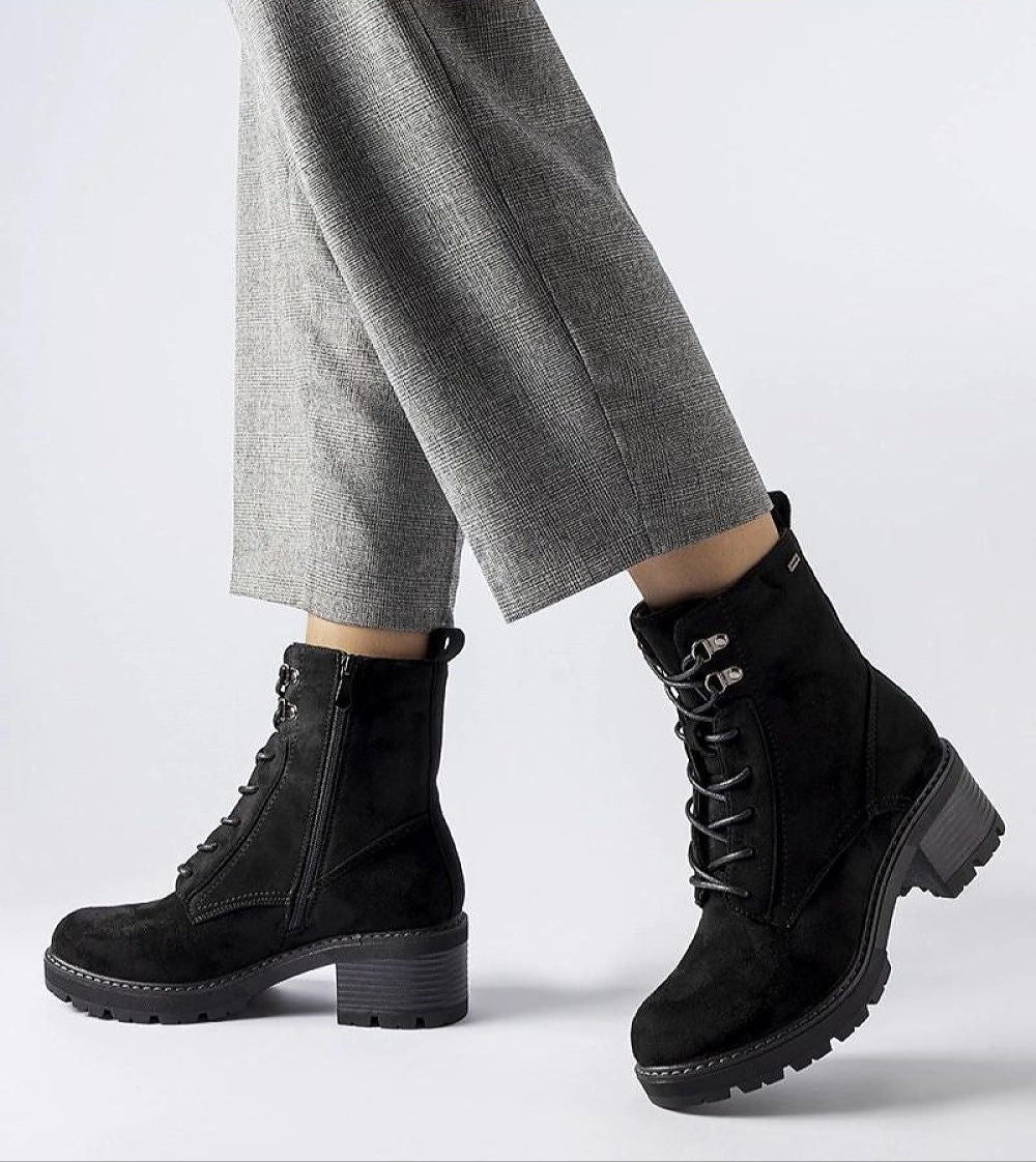 Clementina Block-Heel Winter Boots with sleek silhouette, eco leather, rubber sole, and adjustable laces for elegant comfort.