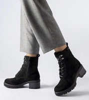 Clementina Block-Heel Winter Boots with sleek silhouette, eco leather, rubber sole, and adjustable laces for elegant comfort.