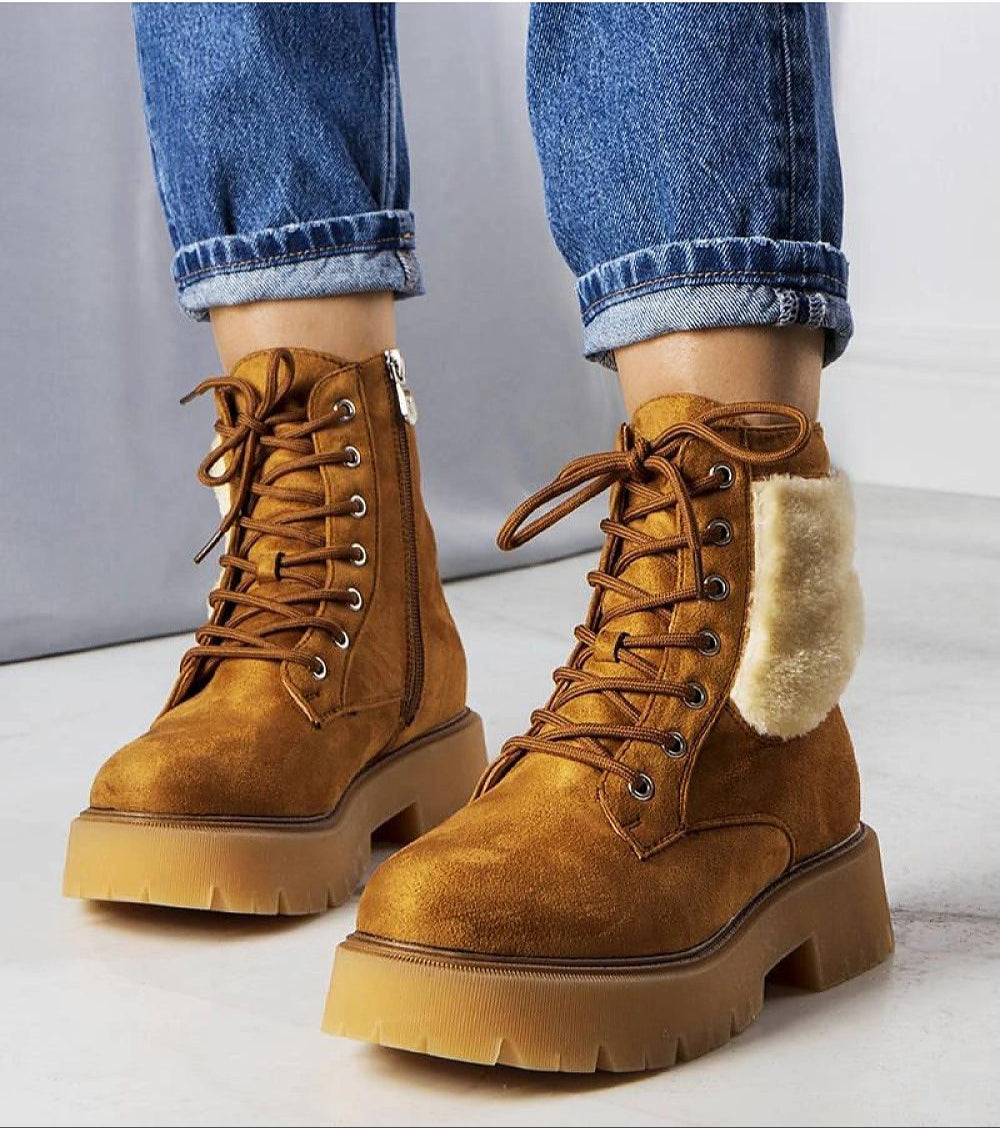 Alt Tag: Arvenno Fur-Lined Winter Boots in brown eco leather, featuring plush faux fur lining and thick rubber soles for style and traction.