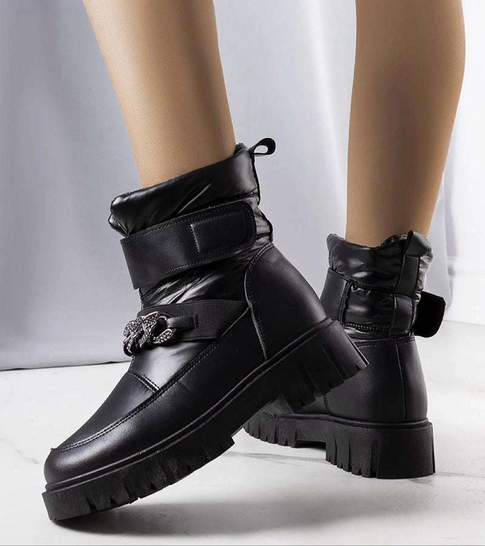 Bravoya Winter Chain Boots with eco leather, faux fur lining, black rubber sole, and Velcro fastening for snow and slush protection.