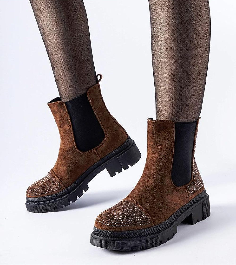 Brivola Brown Suede Ankle Boots with sparkling zircons, ideal for autumn wear, showcasing cozy eco-suede and a stylish flat heel.