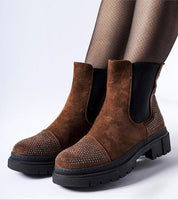 Brivola brown suede ankle boots with zircons, featuring a classic round toe and flat heel, perfect for autumn and winter wear.