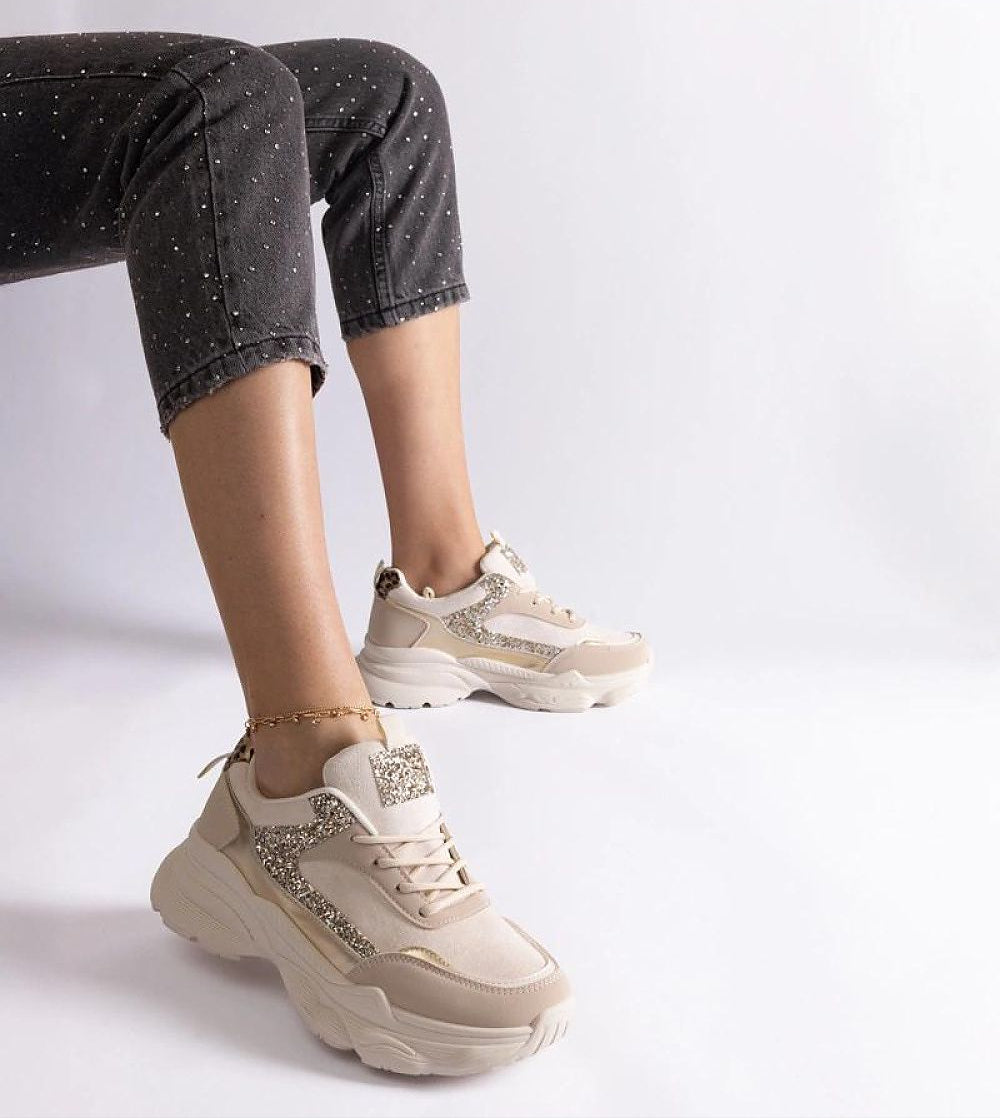 Elyvanna Brocade Panel Suede Sneakers with lace-up design and thick white soles, showcasing shimmering brocade and beige suede accents.