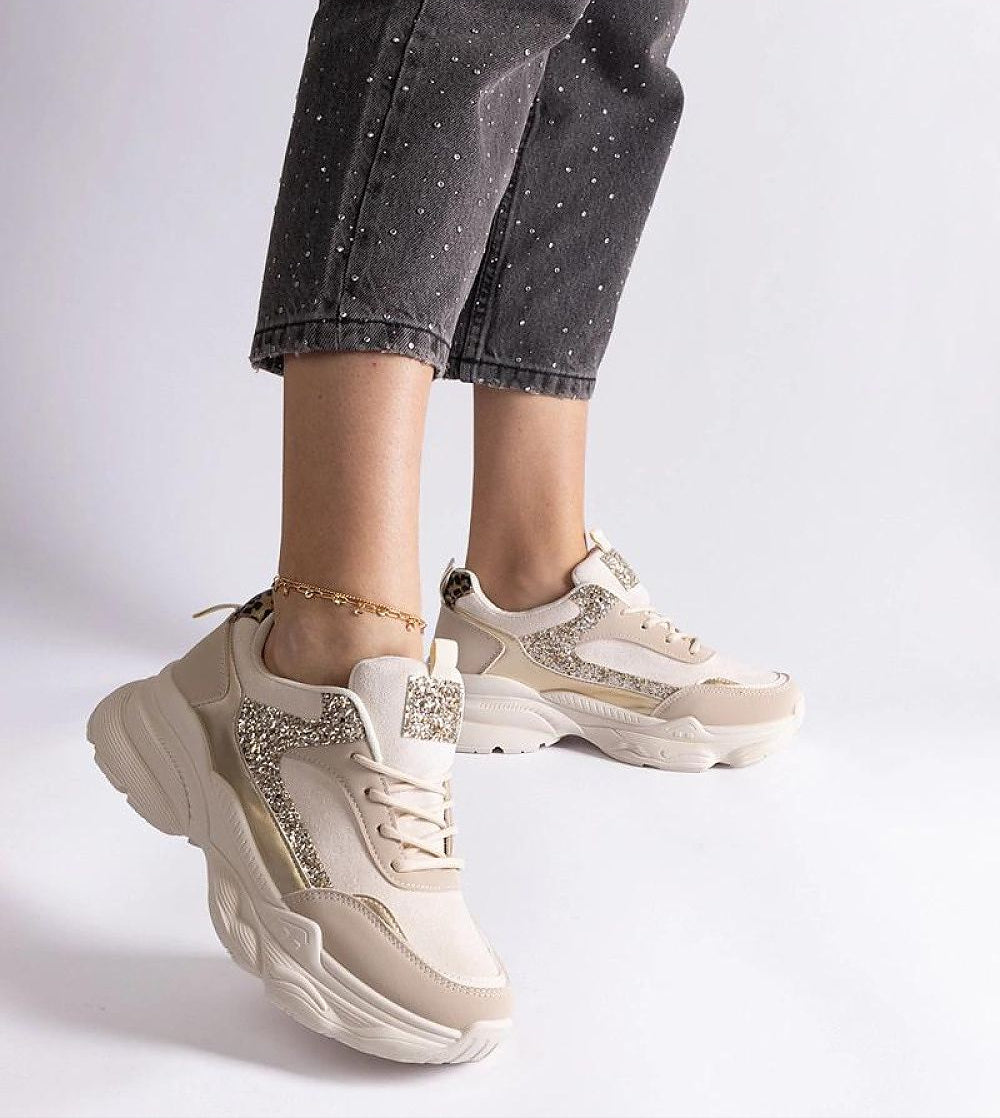 Elyvanna Brocade Panel Suede Sneakers with thick white sole, featuring beige suede and brocade accents for a stylish and comfortable fit.