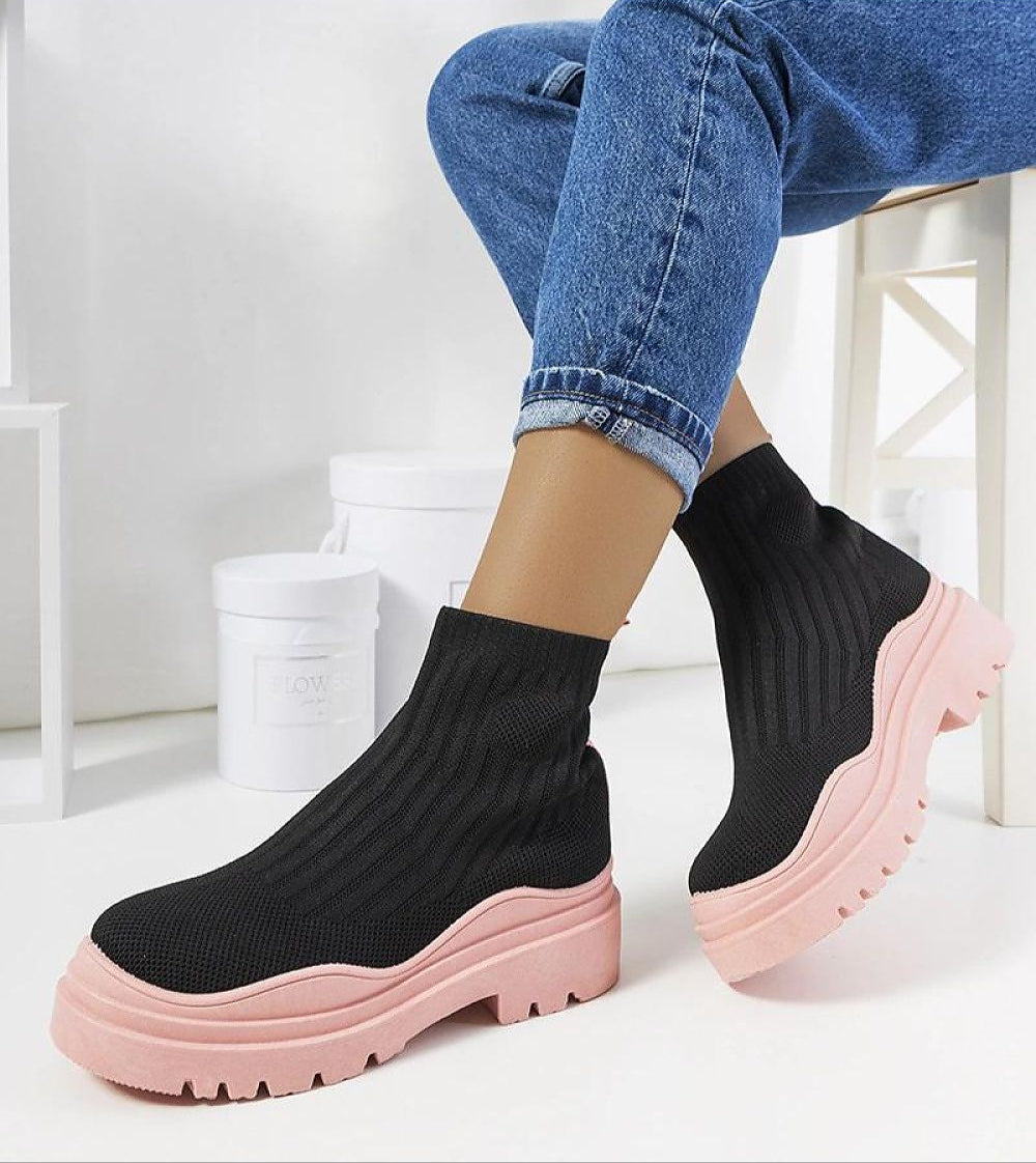 Velaria Black & Pink Slip-On Sneakers with bold color blocking, featuring black textile upper and pink sole for modern summer style.