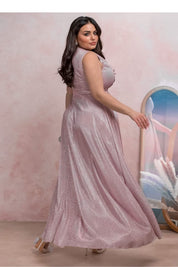 Auravelle Plus Size Evening Dress in muted blush, wrap-style V-neck, adjustable tie waist, flared skirt with high slit for weddings and galas