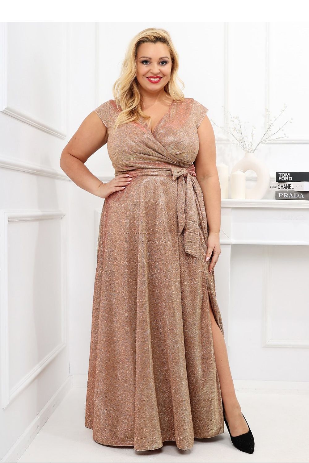 Auravelle Plus Size Evening Dress in blush with wrap-style V-neckline, adjustable tie waist, and high-slit flared skirt for special events.