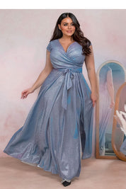 Auravelle Plus Size Evening Dress in shimmering blush, wrap-style V-neck, tie waist, flowing skirt with high slit, ideal for events.