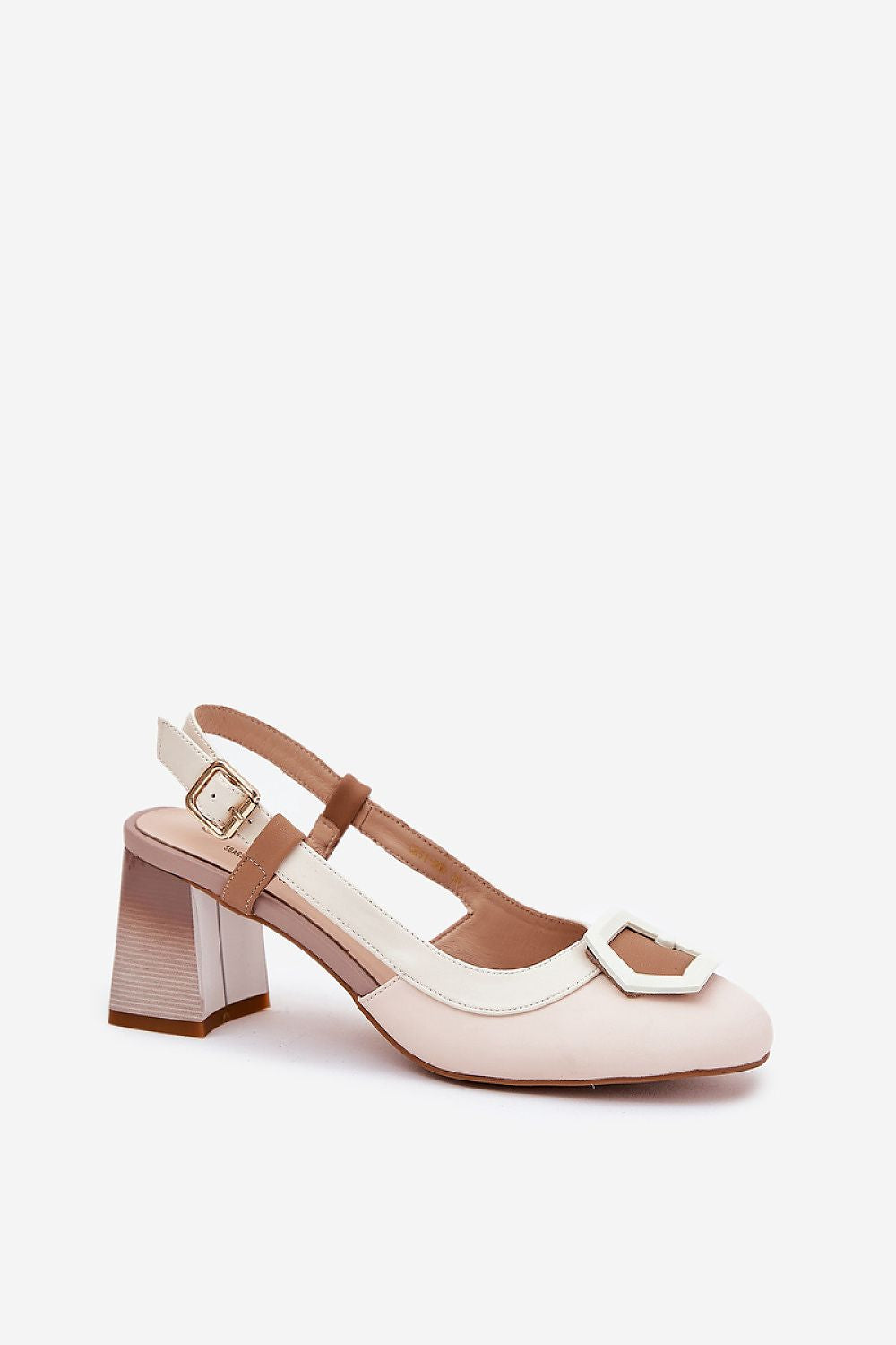 Loreava Column-Heel Leather Sandals with closed toe and ornament, adjustable strap, crafted in genuine leather for summer elegance.