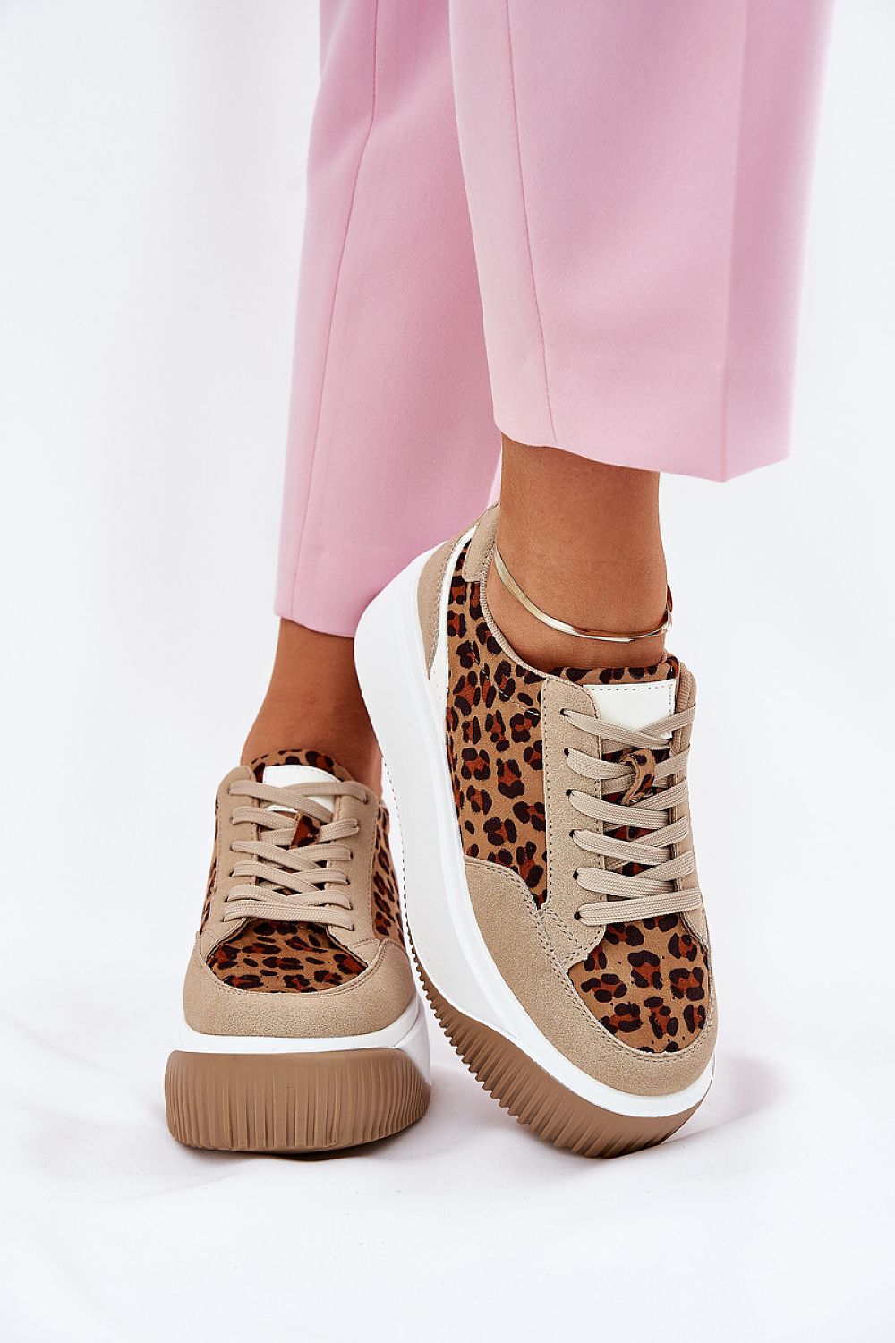 Vervonne Animal Pattern Platform Sneakers with eco leather upper, 5 cm platform, and cushioned insole, worn with pink pants.