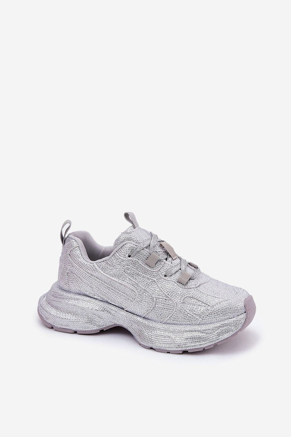 Ravelline Glittered Platform Sneakers with zircon embellishments and cushioned insole for style and comfort in a glamorous silver finish.
