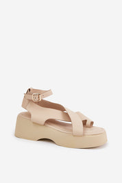 Lirianne Platform Buckle Sandals in eco leather with wedge sole and ankle strap for comfortable, stylish warm weather wear.