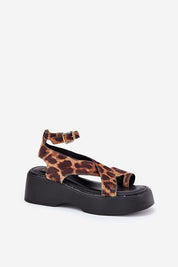 Leopard-print Lirianne platform buckle sandals with eco leather, open toe, wedge platform, and ankle strap on white background.