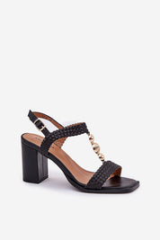 Marinia Braided Column-Heel Sandals with gold ornament, elegant braided straps, and 9 cm heel for weddings and summer events.