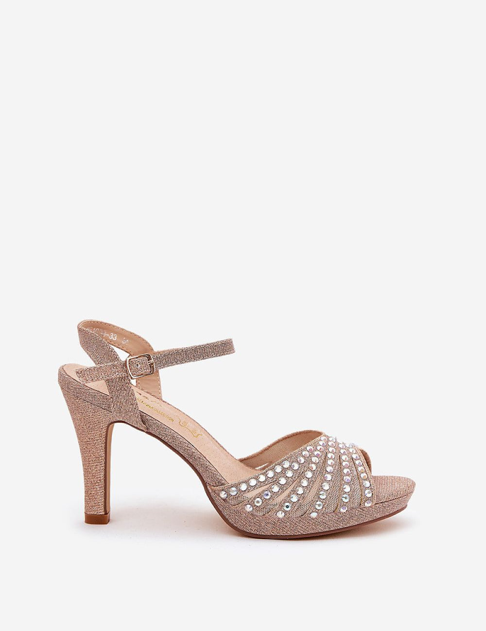 Ravenya Embellished Stiletto Sandals with brocade, elegant design, and adjustable ankle strap for formal events.