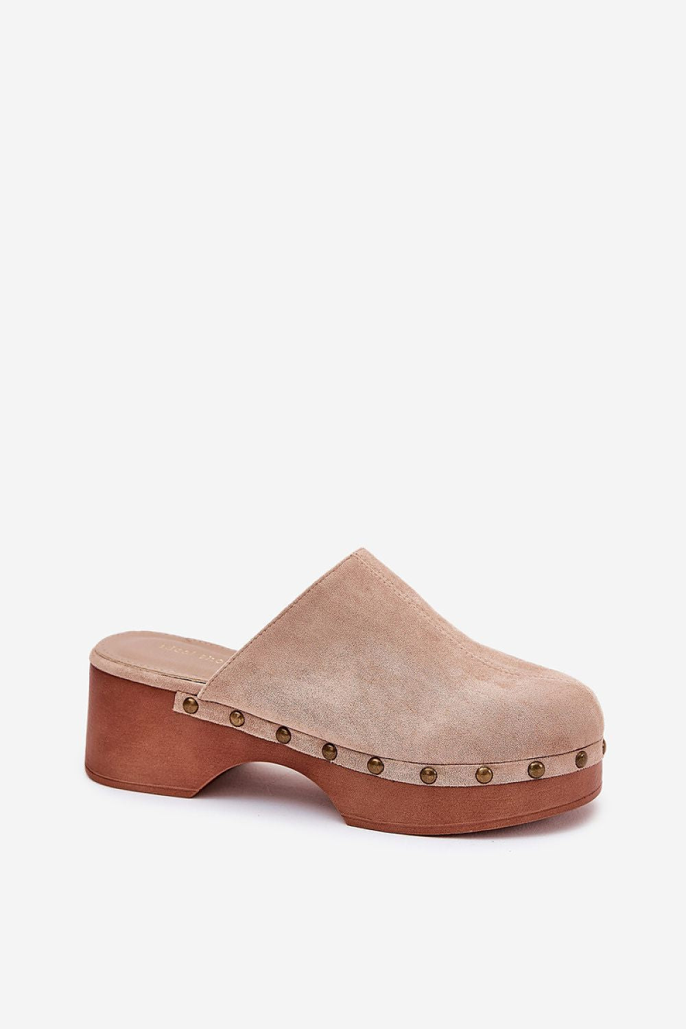 Corveda Studded Suede Wedge Clogs with bohemian charm, eco suede, studded trim, wedge heel, rounded toe, and cushioned insole.