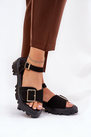 Talmera Buckled Platform Sandals with gold accents, minimalist design for everyday wear, featuring eco leather and flat platform sole.