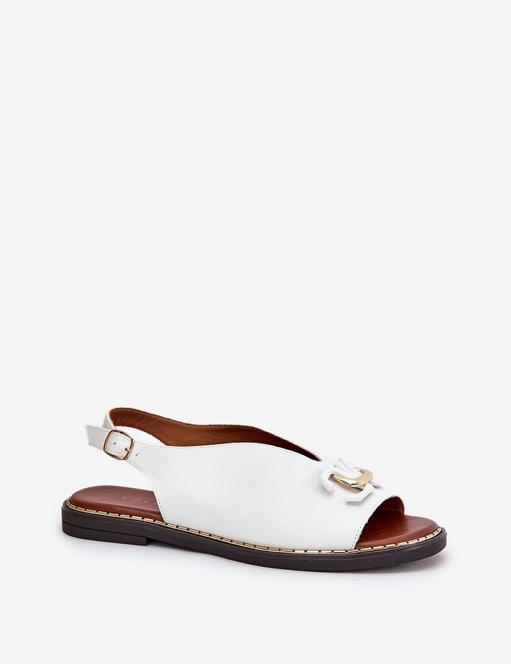 Almira Flat Eco-Leather Sandals with buckle strap, low 1.5 cm heel, and subtle front detail for elegant summer wear.