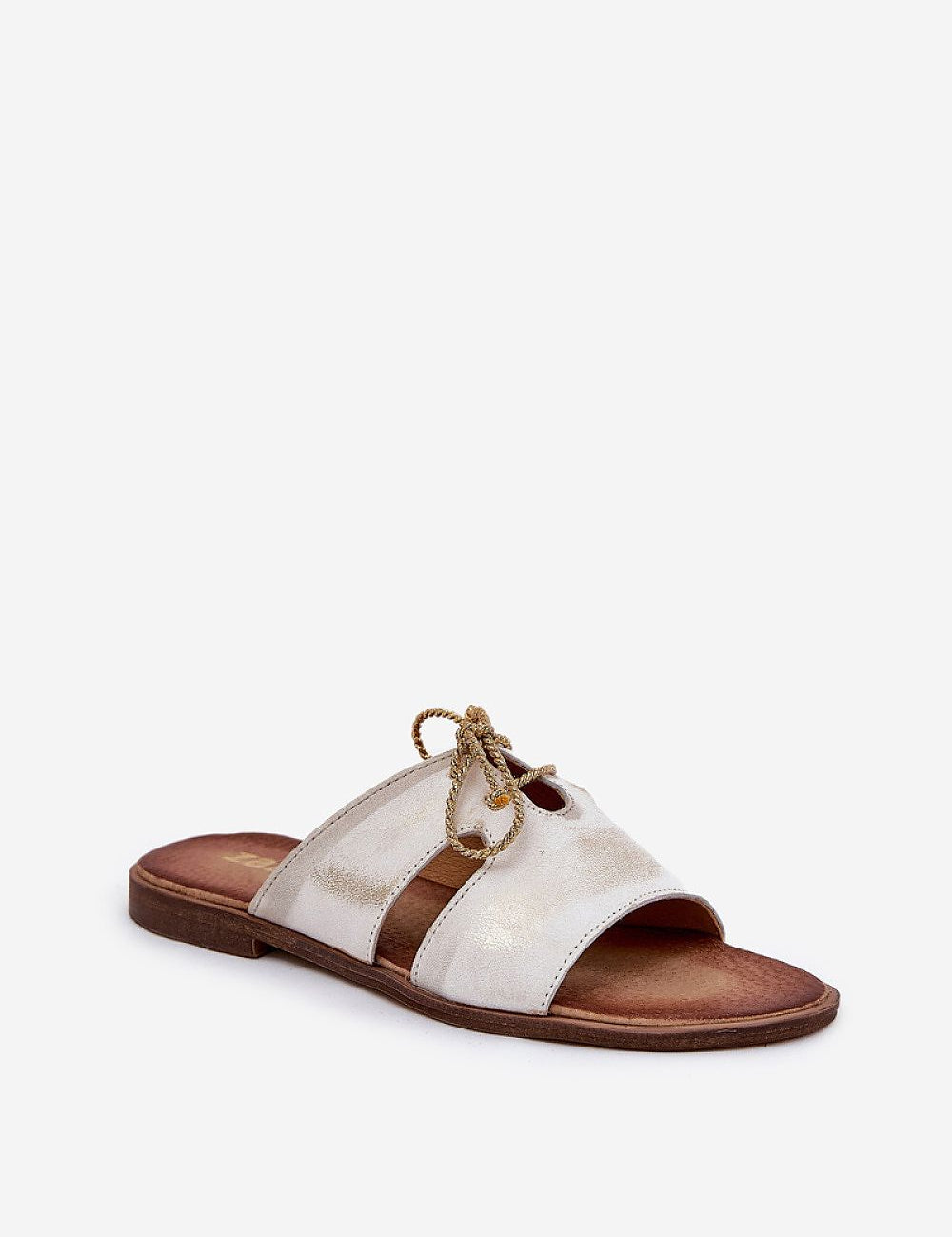 Caliste Gold Cord Leather Sandals with decorative golden cord, flat heel, and soft leather insole for comfort.
