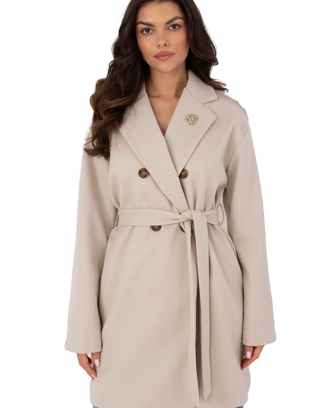 Selvarinne Double-Breasted Short Coat with waist tie and detachable brooch, designed for transitional wear with durable polyester.