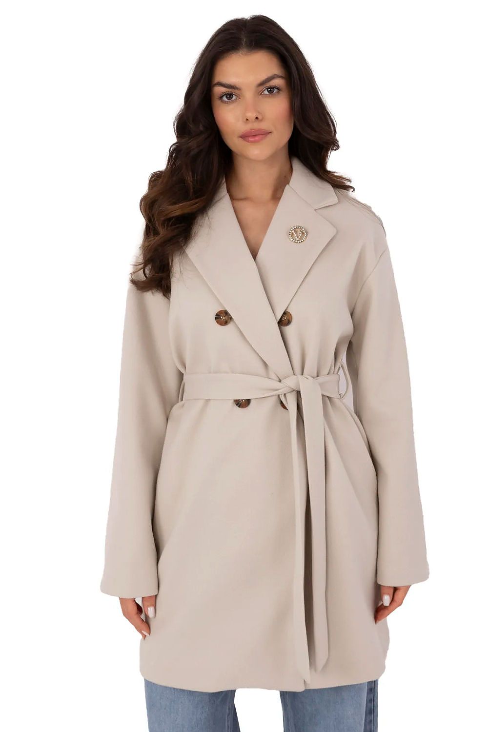 Selvarinne Double-Breasted Short Coat with waist tie and detachable brooch, designed for transitional wear with durable polyester.