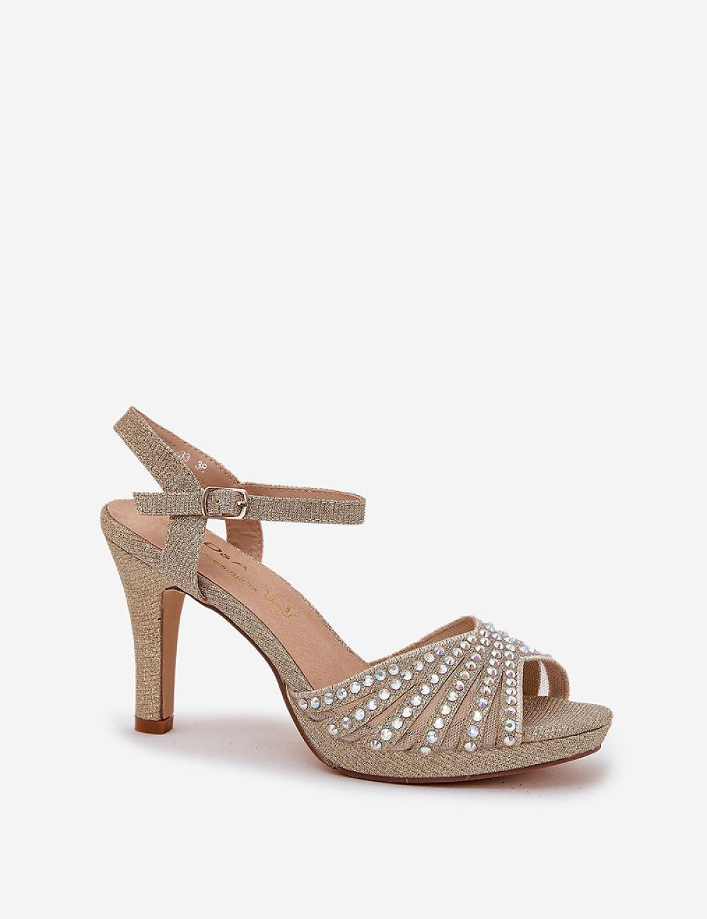 Ravenya Embellished Stiletto Sandals with brocade and delicate embellishments, featuring adjustable ankle strap for elegant formal wear.