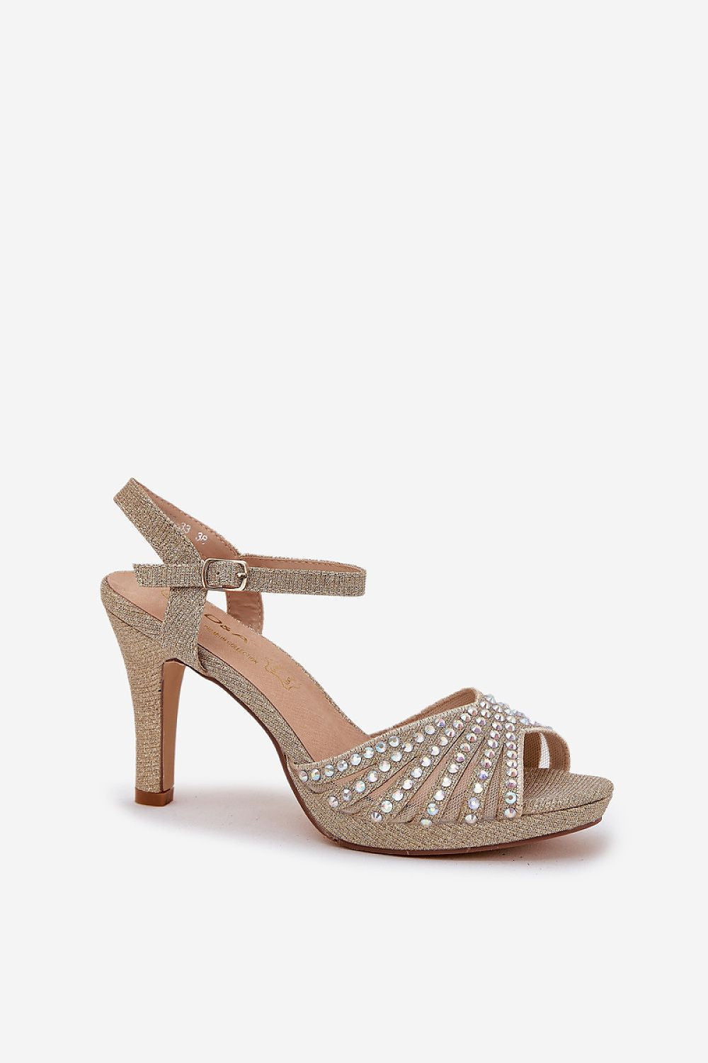 Ravenya Embellished Stiletto Sandals with brocade and delicate embellishments, featuring adjustable ankle strap for elegant formal wear.