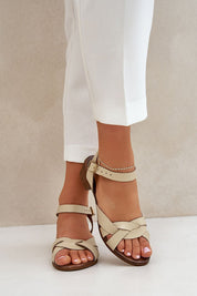 Valerinne cross-strap leather sandals with block heel, featuring adjustable ankle strap and genuine leather upper, perfect for summer.