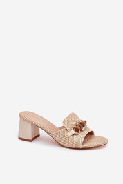Mireta Woven Slip-Heel Sandals with decorative woven plastic upper and sturdy pillar heel, perfect for warm-weather styles.