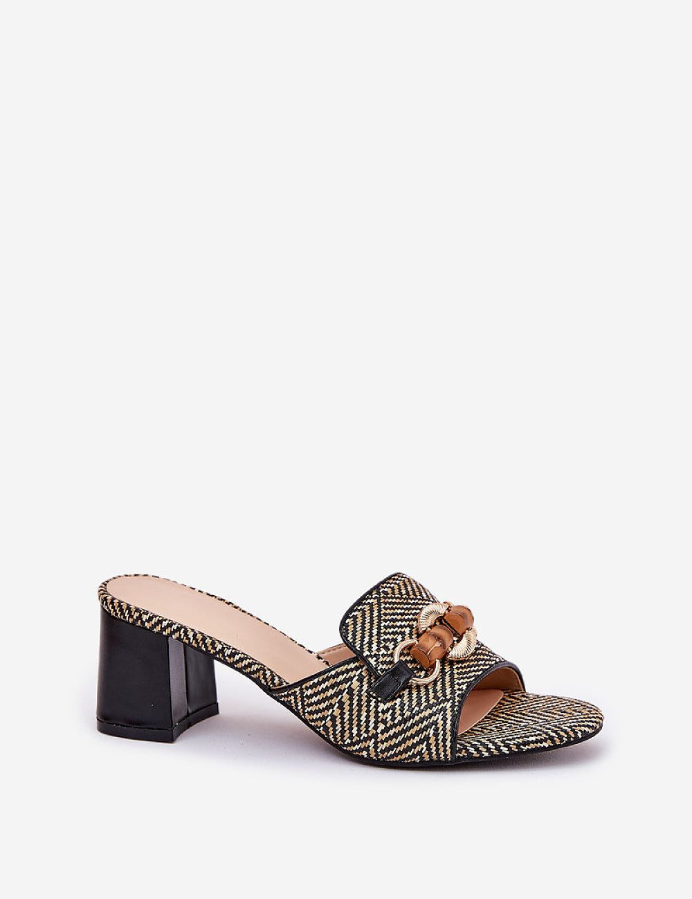 Mireta woven slip-heel sandals with decorative plastic upper and pillar heel in black, perfect for warm-weather style and comfort.