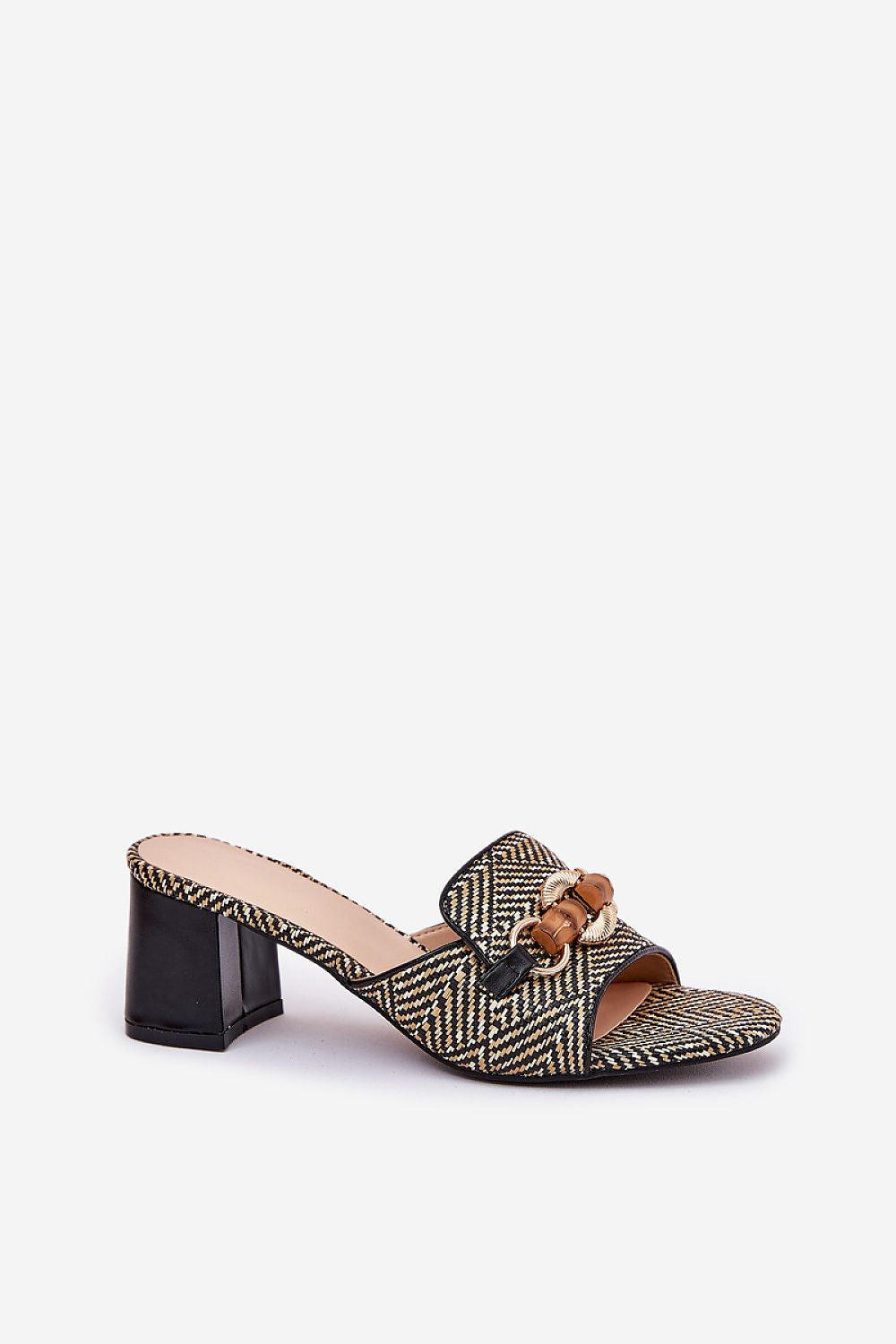 Mireta woven slip-heel sandals with decorative plastic upper and pillar heel in black, perfect for warm-weather style and comfort.