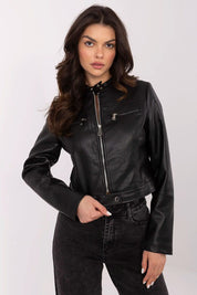 Woman wearing Corvanelle Eco-Leather Zip Jacket, short fitted design, smooth finish, ideal for casual and semi-formal styling.