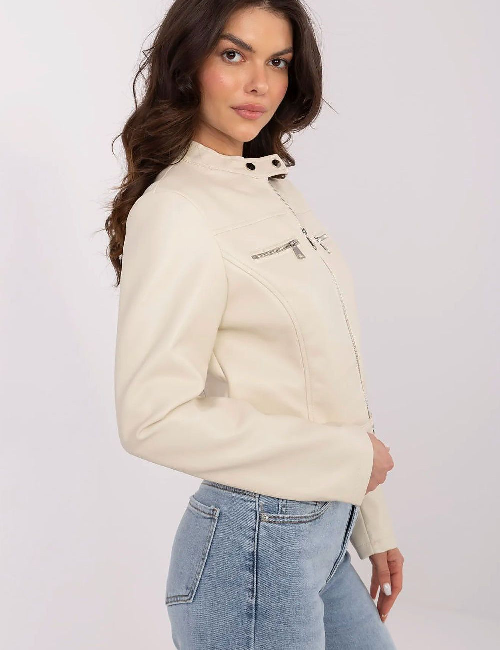Model wearing Corvanelle Eco-Leather Zip Jacket, smooth eco-leather, short fitted cut, minimalist design, ideal for transitional seasons.