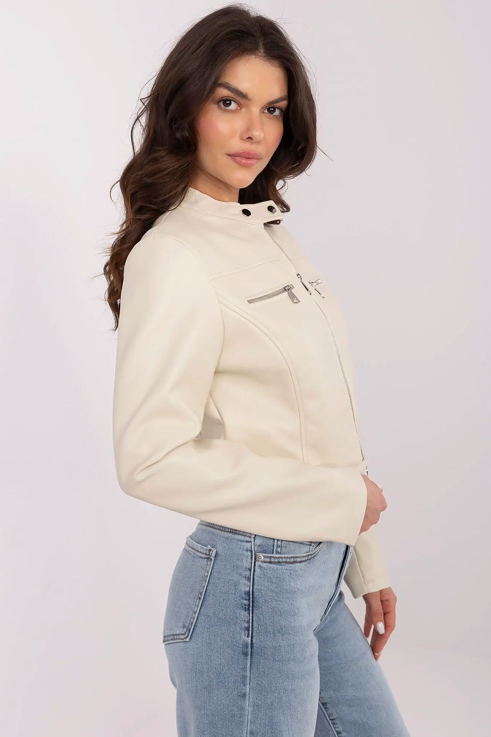 Model wearing Corvanelle Eco-Leather Zip Jacket, smooth eco-leather, short fitted cut, minimalist design, ideal for transitional seasons.