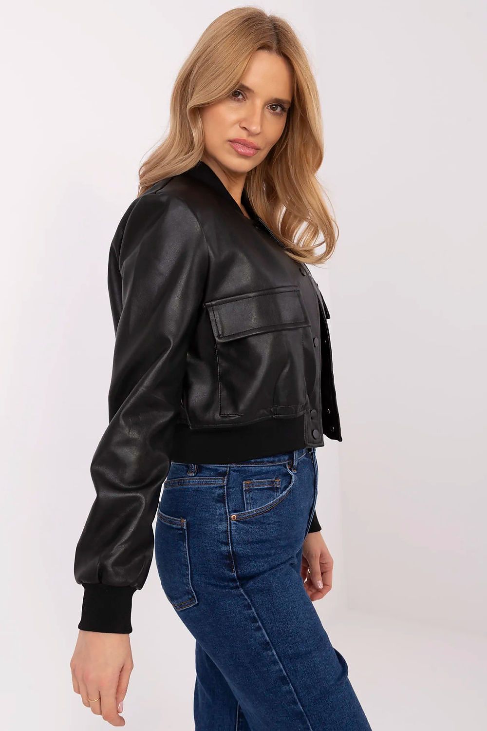Velvaris eco-leather bomber jacket with snap-button fastening and front flap pockets, showcasing stylish and functional design.