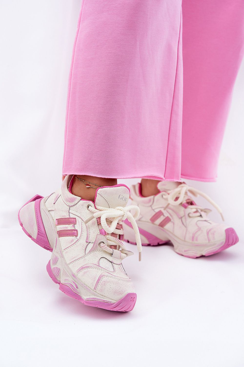 Pink and white Avrielle Sequin Lace-Up Sport Shoes with platform sole, featuring decorative sequins and thick laces for a bold style.