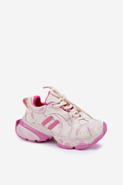 Avrielle Sequin Lace-Up Sport Shoes in pink and white leather with a 3.5 cm platform sole.