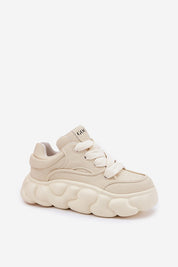 Beige Vernesse elevated leather sport shoe with thick laces and bold 5.5 cm platform sole, offering comfort and a fashion-forward look.
