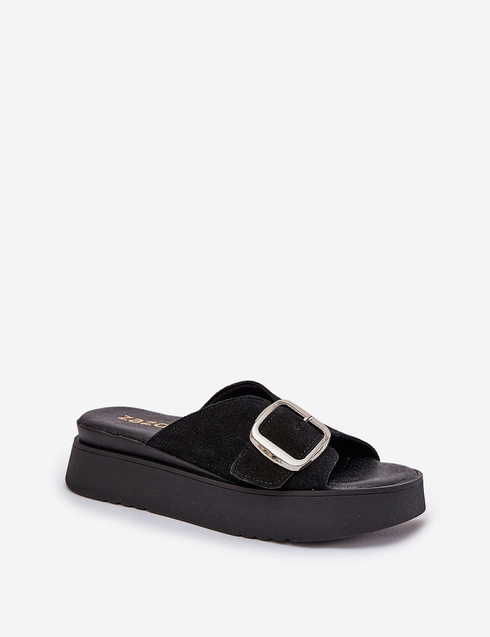 Solva suede platform slides with bold front buckle, featuring soft suede texture and cushioned insole for comfort and style.