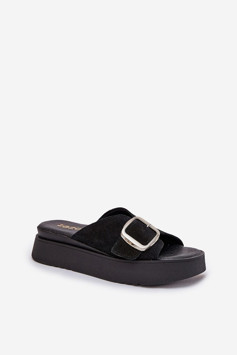 Solva suede platform slides with bold front buckle, featuring soft suede texture and cushioned insole for comfort and style.