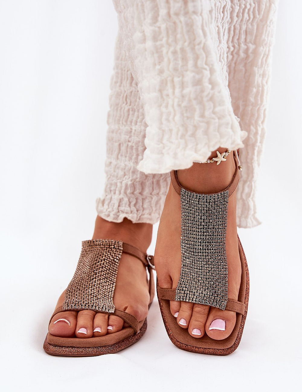 Lunavelle Crystal Buckle Sandals with radiant crystals and imitation suede straps, offering elegance and comfort for formal occasions. Made in Poland.