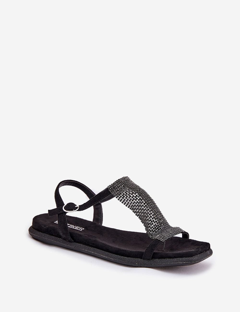 Alvarisse Crystal Strap Flat Sandals with black eco-leather and embellished front strap for elegance and comfort.