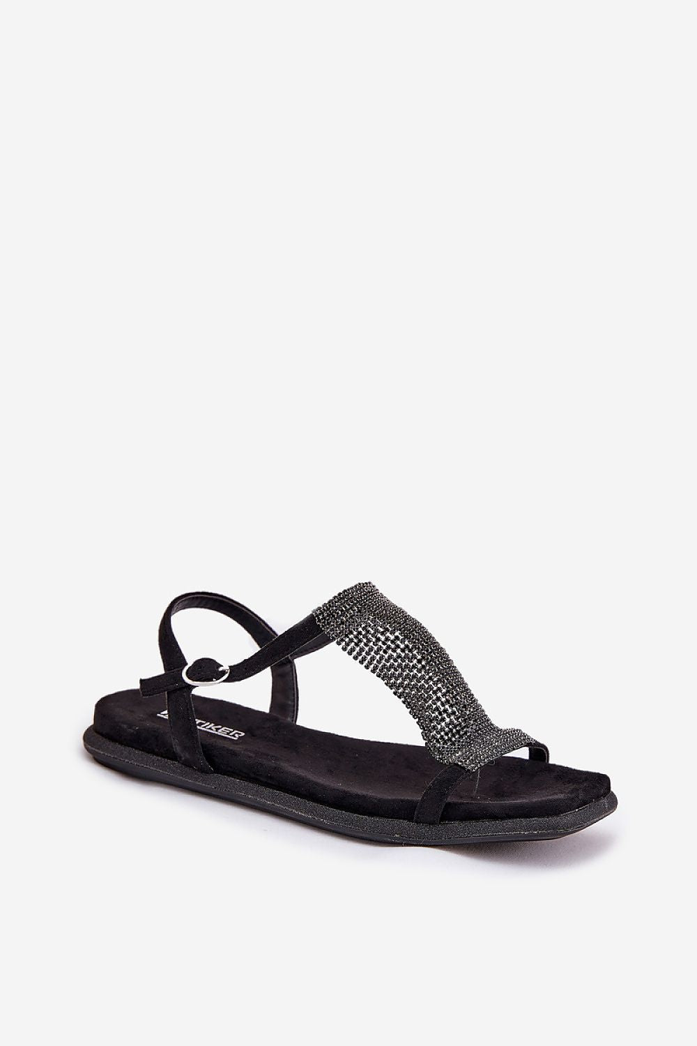 Cirellane Crystal Strap Sandals with black imitation suede and sparkling crystals, perfect for elegant evening looks.