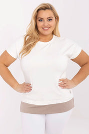 Zavelle plus size blouse featuring soft viscose blend fabric, round neckline, and short sleeves for elegant everyday style.